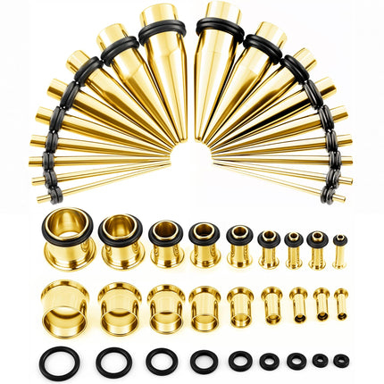 BodyJ4You 36PC Ear Stretching Kit - Complete Beginner Set Gauges for Ears 14G-00G - Goldtone Stainless Steel Tapers Single Flare Plugs Tunnels - Dead Stretching Lobe Men Women Expander Piercing
