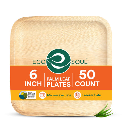 ECO SOUL Palm Leaf Like Bamboo Plates, 6 Inch Square, 50 Pack Bulk Disposable Appetizer & Dessert Tableware, Compostable Biodegradable Natural Wooden Small Party Plates for Wedding, Catering, Events