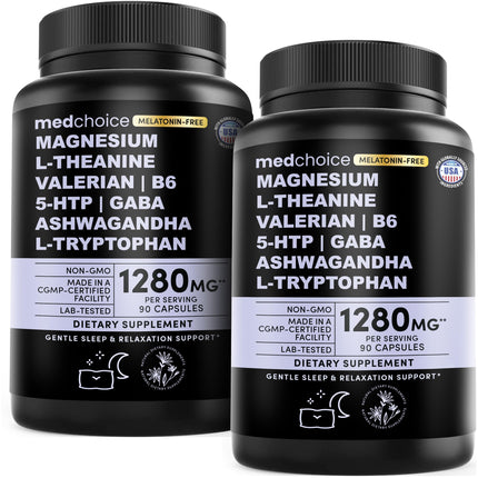 12-in-1 Sleep Support Capsules - Melatonin-Free, Non-Habit Forming Sleep Supplement with a Balanced Blend of Magnesium, Ashwagandha, L-Tryptophan, Valerian Root, GABA, 5-HTP (90 Capsules, Pack of 2)