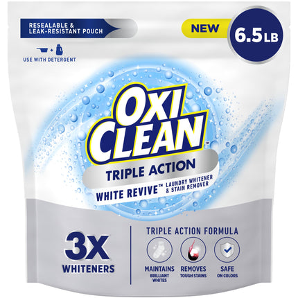OxiClean Triple Action White Revive Laundry Whitener and Stain Remover Powder, Use with Detergent, Whitens and Brightens Clothes, Removes Tough Stains, Color Safe, Chlorine Free, 6.5 lbs