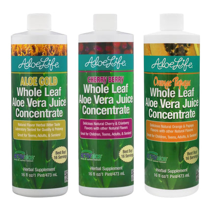 Aloe Life - Whole Leaf Aloe Vera Juice Multi-Flavor Bundle, Certified Organic, Gluten-Free (Cherry Berry, Aloe Gold & Orange Papaya Flavors, 16 oz Each)
