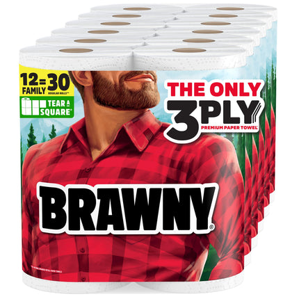 Brawny Tear-A-Square 3-Ply Paper Towels, 12 XL Family Rolls = 30 Regular