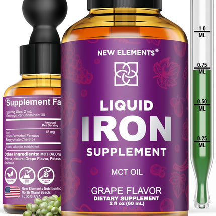 Iron Supplement for Women & Men Free Blood Builder, Iron Vitamin for Anemia | Liquid Iron Drops for Adults with MCT Oil, Natural Grape Flavor, Faster Absorption & Immune Support (2 Fl Oz)