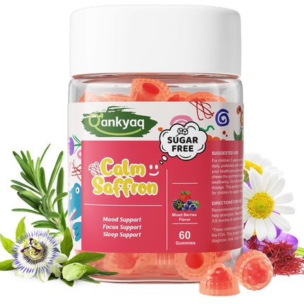 Q'ankyaq Saffron Gummies Kids, Mood and Focus Gummies for Kids, Gentle Saffron Supplements Without st John, with Rosemary, Passion Flower Extract, Chamomile Extract - Sugar-Free, No Melatonin, 60 Cts