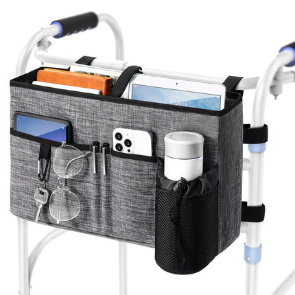 Rhino Valley Walker Bag, Secure Fit Walker Basket with Cup Holder, Large Capacity Foldable Walker Accessories for Seniors, Detachable Folding Walker Pouch Organizer for Older Elderly Gifts, Gray