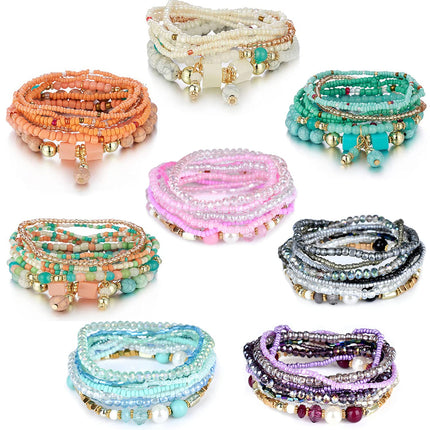 FINZOR 8 Sets Bohemian Stackable Bead Bracelets for Women Bohemian Bracelets Stretch Multi Layered beads Bracelet Set Boho Multicolor