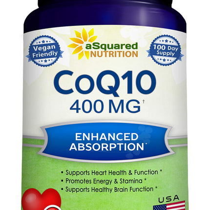 aSquared Nutrition CoQ10 (400mg Max Strength, 100 Veggie Capsules) - High Absorption Coenzyme Q10 Powder - Ubiquinone Supplement Pills, Extra Antioxidant CO Q-10 Enzyme Vitamin Tablets, Coq 10 400 mg