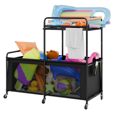 StorageWorks Pool Float Storage, 340 Gallon Rolling Pool Storage Bin, Two-Tier Mesh Swimming Pool Toy Storage, Pool Noodles Holder for Toys, Floats, Balls and Floats Equipment, Black
