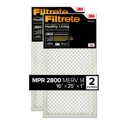 Filtrete 16 x 25 x 1 AC Furnace Air Filter, MERV 14, MPR 2800, Ultrafine Particle Premium Filter, 3-Month Pleated 1-Inch Electrostatic Air Cleaning Filter, 2-Pack (Actual Size 15.719x24.719x1 in)