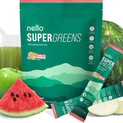Nello Supergreens Premium Superfood Greens Drink Mix w/Chlorella, Moringa, Spinach & Broccoli + Digestive Enzymes & Probiotic Blend -Nutrient-Packed Powder (Sour Watermelon 20 SRV, Travel Pack)