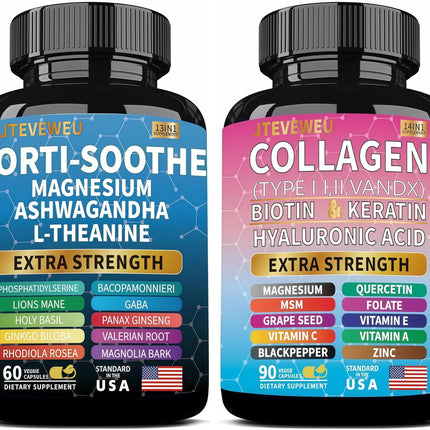 JTEVEweu Shining Serenity Set, Cortisol Support with Ashwagandha, L-Theanine, Magnesium, Lions Mane, GABA, Bacopa Monnieri, Collagen Biotin, Keratin, Hyaluronic Acid, Quercetin