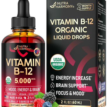 USDA Organic Vitamin B12 Sublingual Drops - 5000 mcg Liquid Vegan Methylcobalamin for Women & Men - Energy Boost, Focus & Mood, Brain Health Support - Maximize Absorption - 2 Month Supply, 2 fl oz