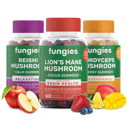 Fungies Mushroom Gummy 3-Pack Bundle, Lion's Mane, Cordyceps & Reishi Gummies for Adults - Mushroom Gummies Supports Brain Health, Gut Health, Energy & Daily Wellness - 180 Servings
