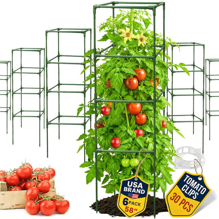 Tomato Cage Square - Large Trellis Stakes and Plant Support Structures for Vegetables and Climbing Plants - Tall Tomato Cages for Garden, Pots, Raised Garden Bed Outdoor Supplies (6 Pack - Up to 58")