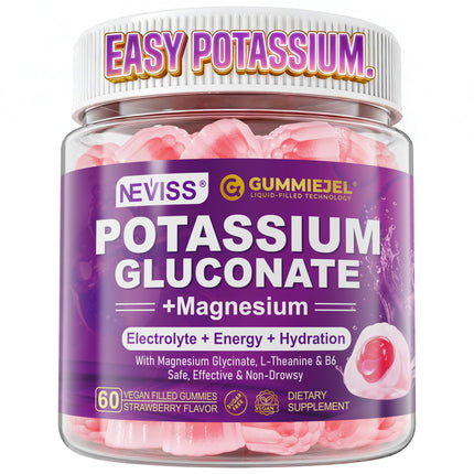 Potassium Gluconate 1300mg Gummies for Adults Women & Men, Potassium Supplements w/Magnesium Glycinate, B6 & L-Theanine, Electrolyte Gummies for Hydration, Energy, Muscle&Night Leg Cramp Relief, 60Ct