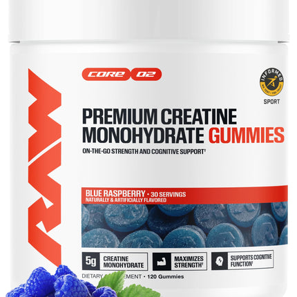 RAW Nutrition Creatine Gummies, Blue Raspberry, 5g Creatine Monohydrate, Supports Strength & High-Intensity Performance, No Mixing Chewable Pre/Post Workout Supplement, 120 Gummies (30 Servings)