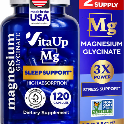 VitaUp Magnesium Glycinate 200mg - USA Made, Highly Absorbed, Non-GMO Magnesium for Relaxation, Deep Sleep, Bones & Heart - 200mg per Serving, 120 Vegan Capsules
