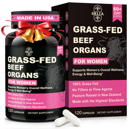 SKLIA Beef Organ Supplement for Women - Beef Liver, Kidney, Heart, Uterus Tissue, Ovary | Supports Women's Overall Energy and Wellness | Grass Fed, Pasture Raised in New Zealand, 120ct,1P