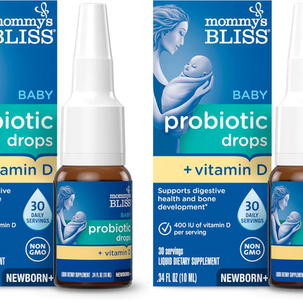Mommy's Bliss Baby Probiotics + Vitamin D Drops,Supports Digestive Health & Immune Function*,400IU Vitamin D,Supports Bone Development*,Newborns+,Flavorless,0.34 Fl Oz (30 Servings),(Pack of 2)