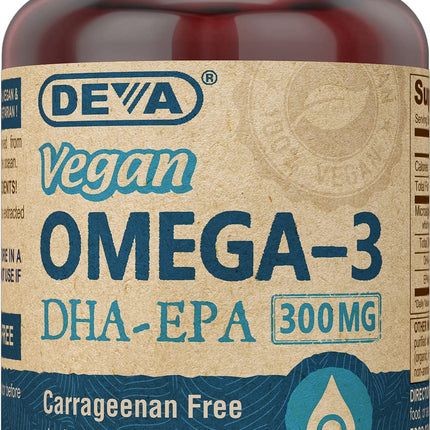 DEVA Vegan Omega-3 DHA-EPA 300MG – No Carrageenan, Non-Fish Oil Derived from Algae, Non-GMO, 90 Gelatin-Free Softgels