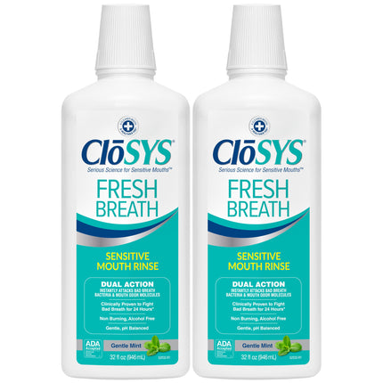 CloSYS Mouthwash, 32 Ounce, 2 Count, Fresh Breath Mouthwash, Gentle Mint, Alcohol Free, Dye Free, pH Balanced Mouth Wash, Helps Soothe Entire Mouth, Fights Bad Breath