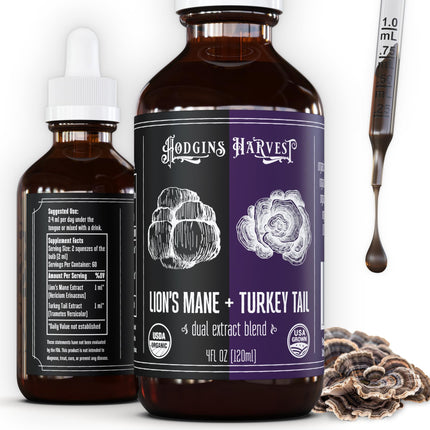 Hodgins Harvest Organic Lion’s Mane + Turkey Tail Tincture | Made with Mushrooms Grown On Our Farm in The USA | Dual Extract | Extra-Concentrated (4 fl oz)