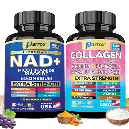 Parrox NAD+ & Collagen Anti-Aging Bundle, Resveratrol, Forever Young Set
