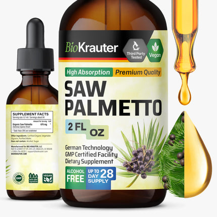 BIO KRAUTER® Saw Palmetto for Men & Women - Pure Vegan Liquid Drops Saw Palmetto 670 mg per Serving 2 Fl.Oz 28-Day Supply - Prostate Health Supplements for Men & DHT Blocker* - Alcohol & Sugar Free