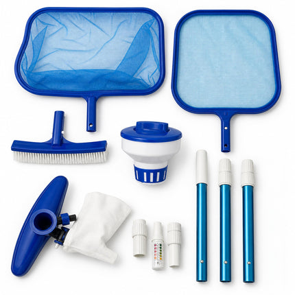 FibroPool Above Ground Pool Maintenance Kit – Telescoping Pole, Leaf Skimmer Net, Vacuum Head, Pool Brush, Floating Chlorinator & Test Strips – Easy Clean Kit for Inflatable & Soft-Sided Pools