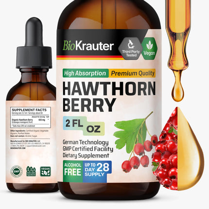 BIO KRAUTER® Hawthorn Berry for Circulatory Support - Hawthorne Berry Supplement for Relaxation & General Wellness - 2 Fl.Oz Calm Liquid Drops, Alcohol & Sugar Free, 28 Days of Supply
