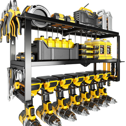 Hipidian Power Tool Organizer Wall Mount- 300lb Capacity 3-Tier Storage Rack with 7 Drill Holders for Garage Tools, Best Birthday Tools Gifts for Men Dad Husband