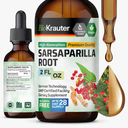 BIO KRAUTER® Sarsaparilla Root for Detox Cleanse & Liver Support - Natural Sarsaparilla Extract 2 Fl.Oz - Liver Supplement for Cleanse, 28-Day Supply, Alcohol & Sugar Free