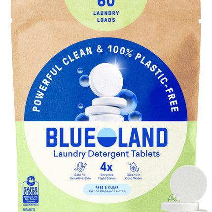 BLUELAND 100% Plastic-Free Laundry Detergent Tablets, 60ct, Free & Clear