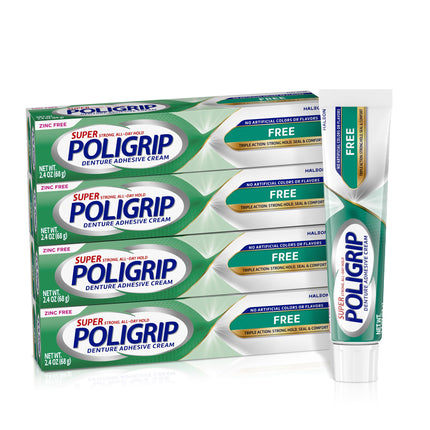 Poligrip Free Denture Adhesive Cream, Strong All-Day Hold, 2.4 oz (4 Pack)