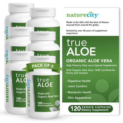 NatureCity TrueAloe Organic Aloe Vera Capsules - Supports Digestive Balance, Joints and Stomach Comfort - Plant-Based Aloe Barbadensis Powder - Easy-to-Swallow Single Ingredient Formula - 720 Caps