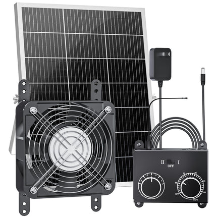 25W Solar Fan for Chicken Coop with Thermostat, Adapter, Metal Solar Powered Exhaust Fan Brushless Motor, MPPT Controller Dual Power Auto-Switch, 24/7 Operation, Dog House, Small Shed Greenhouse