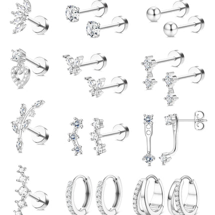 BESTEEL Hypoallergenic Flat Back Earrings for Women Sliver Stud Hoops Set