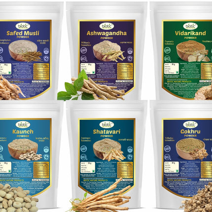 Biotic Safed Musli, Ashwagandha, Shatavari, Gokhru, Vidarikand & Kaunch Seed Powder - 300gms (50gms each)