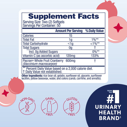 AZO Cranberry Pro Urinary Tract Health Supplement 600mg PACRAN, 1 Serving : More Than 1 Glass of Cranberry Juice, Sugar Free Cranberry Pills, Non-GMO 100 Softgels (Pack of 2)
