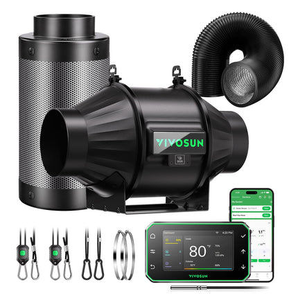 VIVOSUN T4 Smart Filtration Kit, Inline Fan, Controller, Carbon Filter,Duct