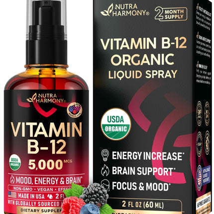 USDA Organic Vitamin B12 Sublingual Spray - 5000 mcg Liquid Vegan Methylcobalamin for Women & Men - Energy Boost, Focus & Mood, Brain Health Support - Maximize Absorption - 2 Month Supply, 2 fl oz