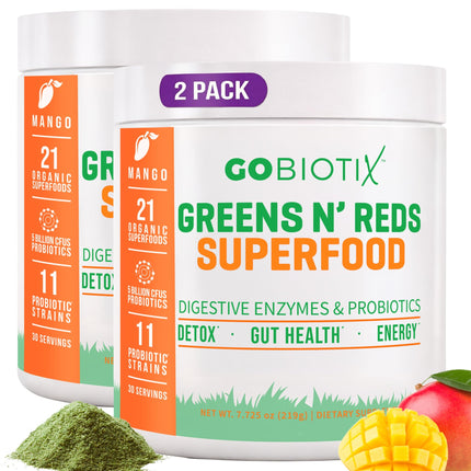 GOBIOTIX Super Greens Powder with Beet Root, Spirulina, Moringa & Chlorella – Probiotics, Enzymes & 21 Superfoods – Zero Sugar, Vegan, Non-GMO – 60 Servings, 2-Pack (Mango)