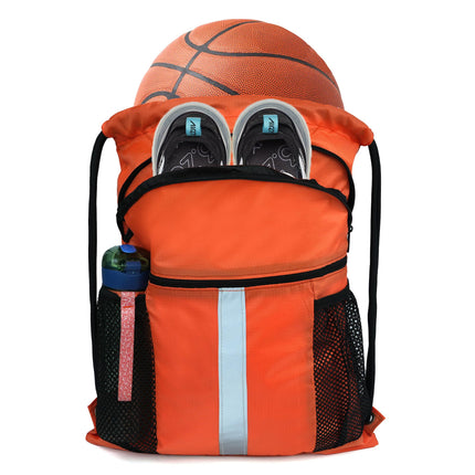 BeeGreen Orange Drawstring Backpack with Shoe Compartment X-Large Gym Sports String Cinch Backpack Athletic Sackpack with Front Inside Zipper Pockets Blue