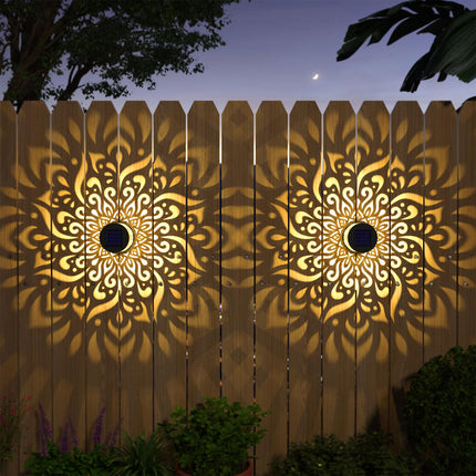 gardencave 4 Pack Solar Fence Lights Metal Solar Powered Outdoor Wall Deck Step Lights Mandala Theme Waterproof Fence Light for Garden Post Patio Backyard Decor (4 Pack)