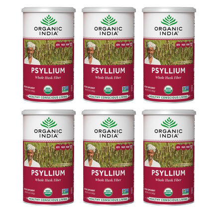 ORGANIC INDIA Psyllium Herbal Powder - Whole Husk Fiber, Healthy Elimination, Keto Friendly, Vegan, Gluten-Free, USDA Certified Organic, Non-GMO, Soluble & Insoluble Fiber - 12 oz Canister, 6 Pack