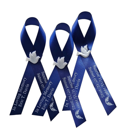 Personalized Memorial Service Funeral Ribbon Pins 20 Cross Religious Celebration of Life Custom Made Awareness Remembrance Anniversary Death Cross Sympathy In Loving Memory Angel (Royal Blue)