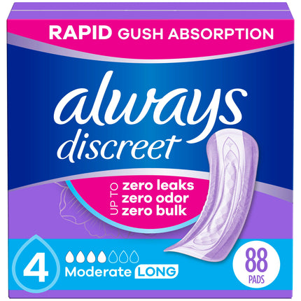 Always Discreet Adult Incontinence Pads for Women, Drier, 4 Drop Long Length, Moderate Absorbency, Pads for Bladder Control Management, Bladder Leaks, & Postpartum Pads, 88ct