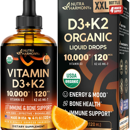 Vitamin D3 K2 USDA Organic Drops - Vitamin D3 10000 IU & K2 as MK-7 120mcg - Immune & Mood Support, Bone & Teeth Health - Sugar-Free Orange Flavor - Liquid Supplement - Made in USA - 4 FL OZ, 120 Days