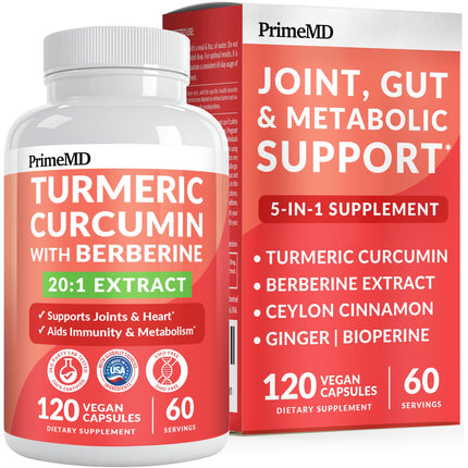 5-in-1 Organic Turmeric Curcumin Supplement (4210mg) with Berberine, Ceylon Cinnamon Bioperine and Ginger Supplements for Joint, Heart, Gut, & Metabolic Support (120 ct)