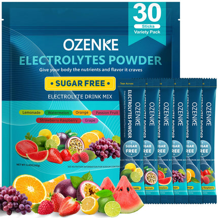 OZENKE Electrolytes Powder Packets, 30 Sticks Hydration Packets Sugar Free, Electrolyte Drink Mix Travel Electrolyte Packets for Rapid Hydration, 6 Flavors